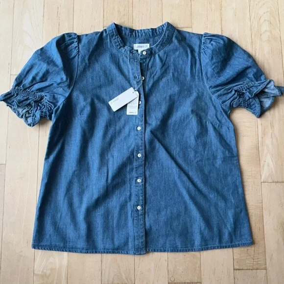 johnnie-O Natalia Chambray Blue 100% Cotton Puff Sleeve Button Blouse Small NWT - Picture 13 of 13